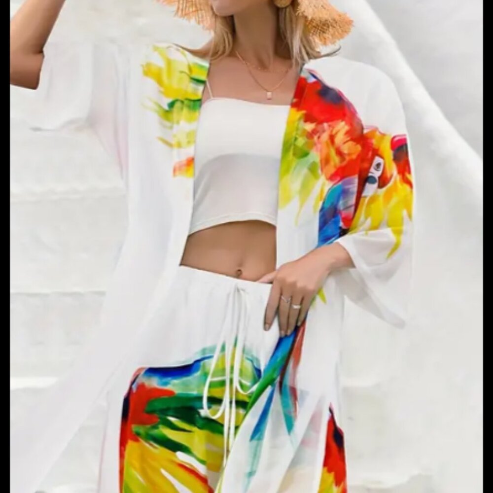 Swimsuit coverup set white with parrot print